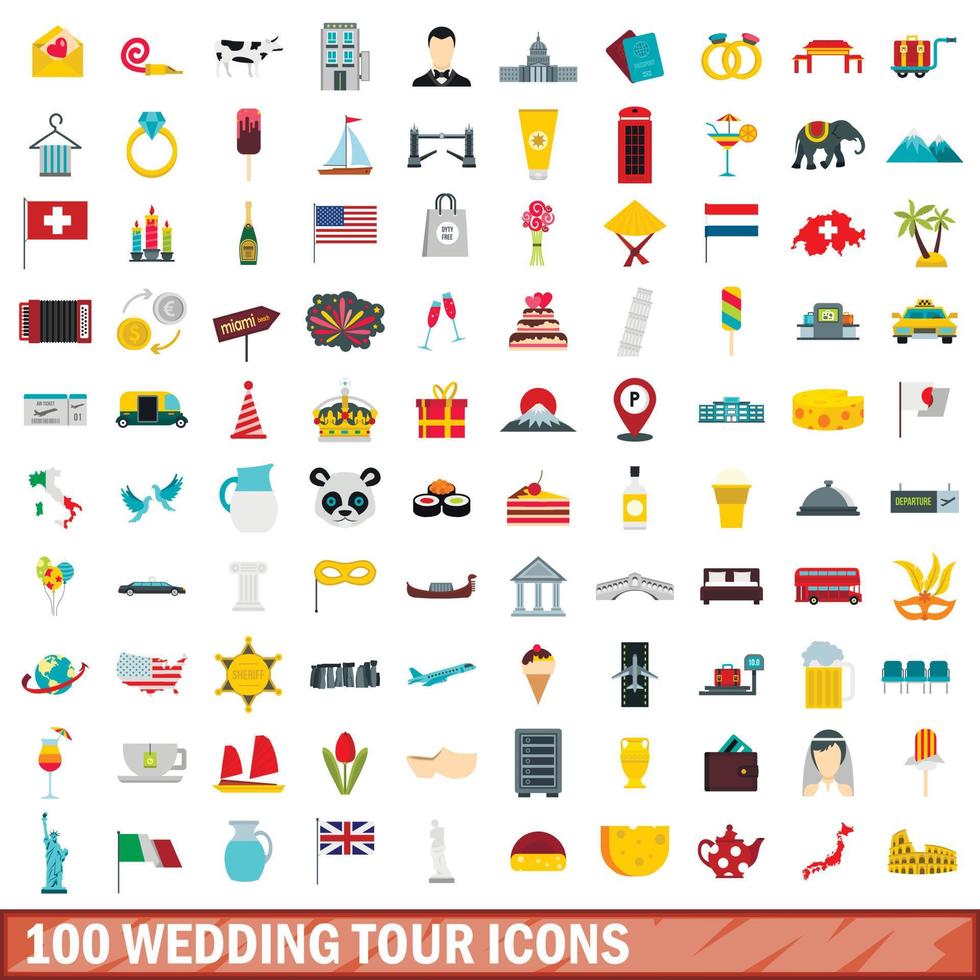 100 bruiloft tour iconen set, vlakke stijl vector