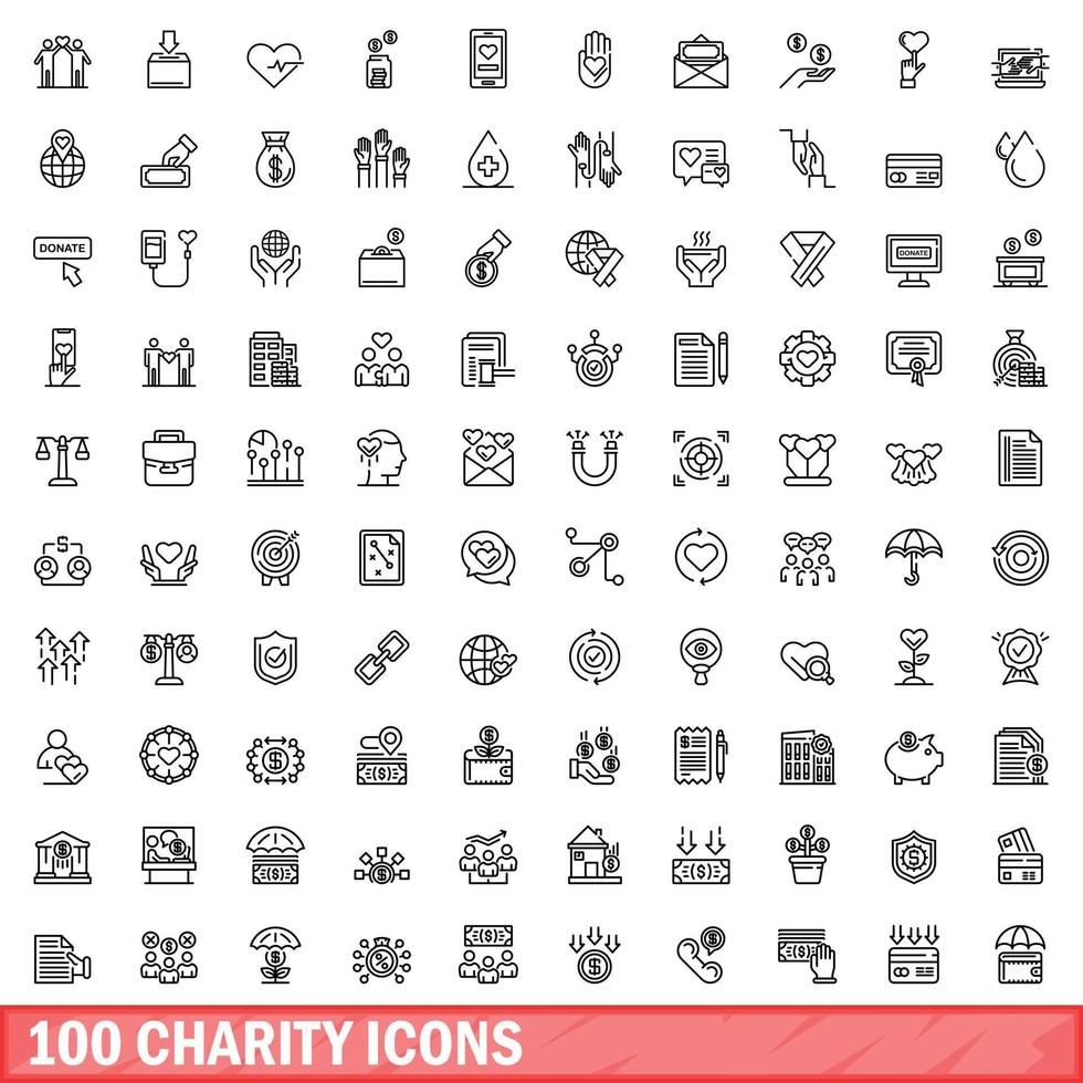 100 liefdadigheid iconen set, Kaderstijl vector