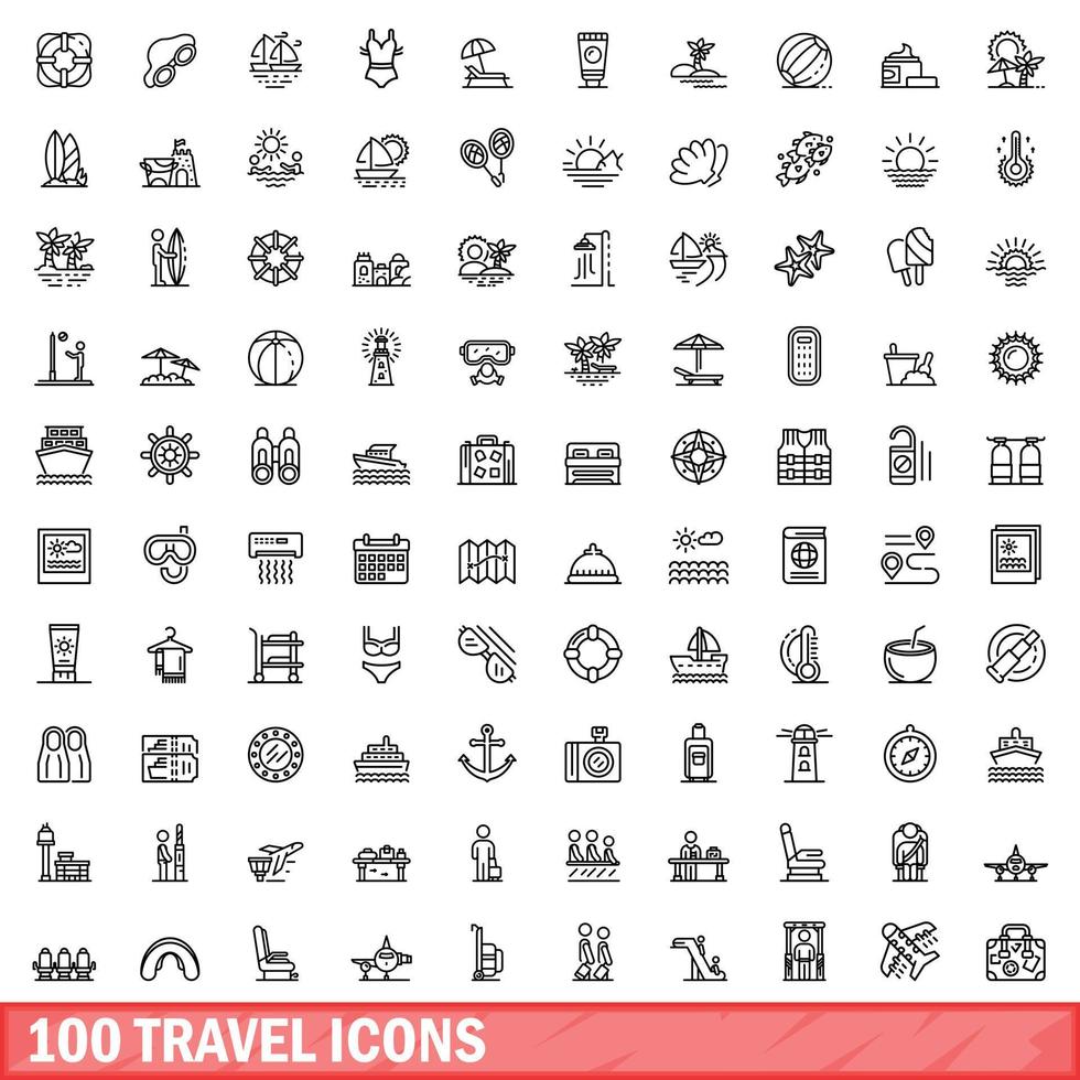 100 reis iconen set, Kaderstijl vector