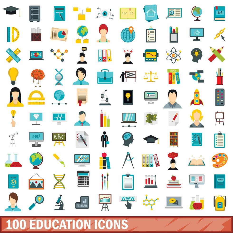 100 onderwijs iconen set, vlakke stijl vector