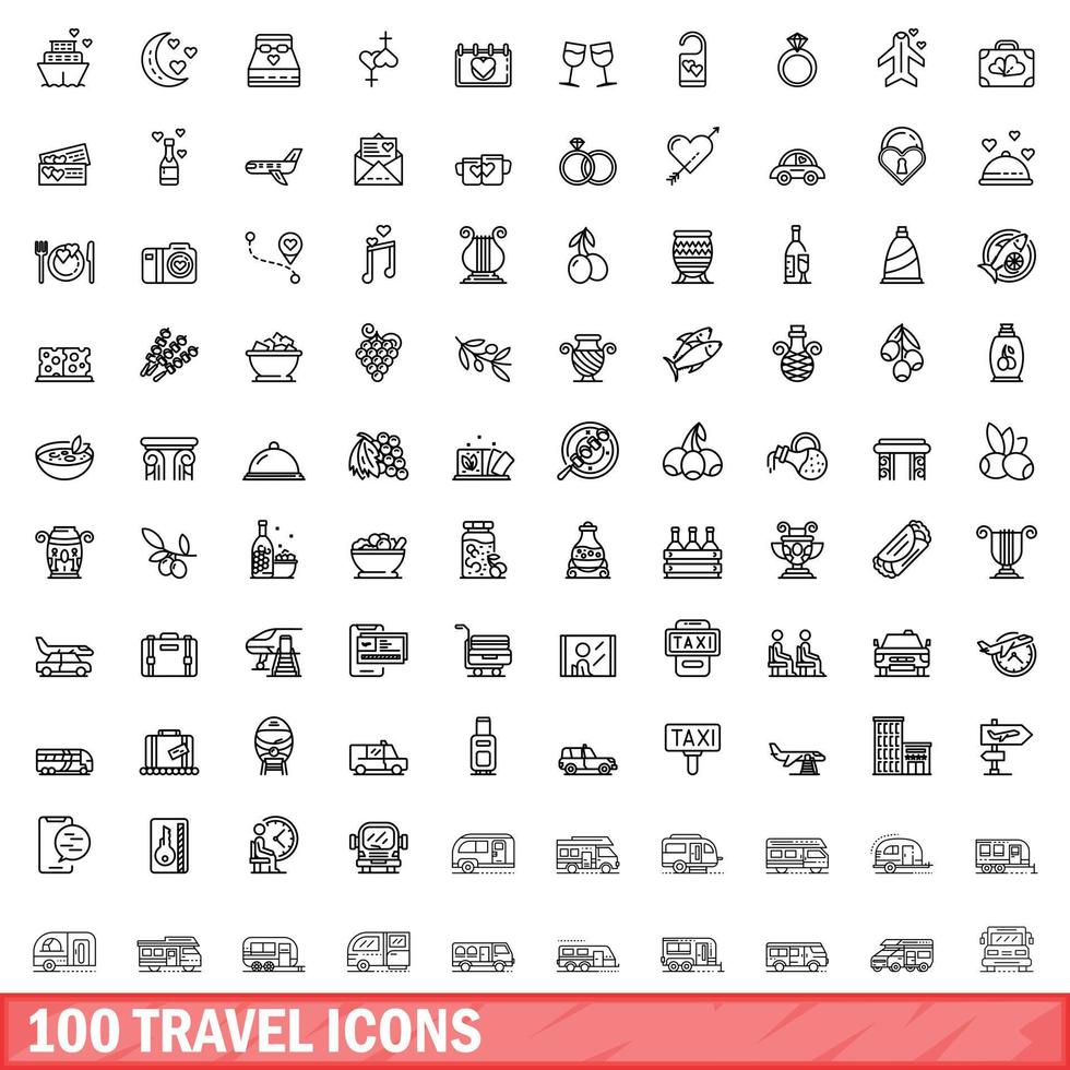 100 reis iconen set, Kaderstijl vector