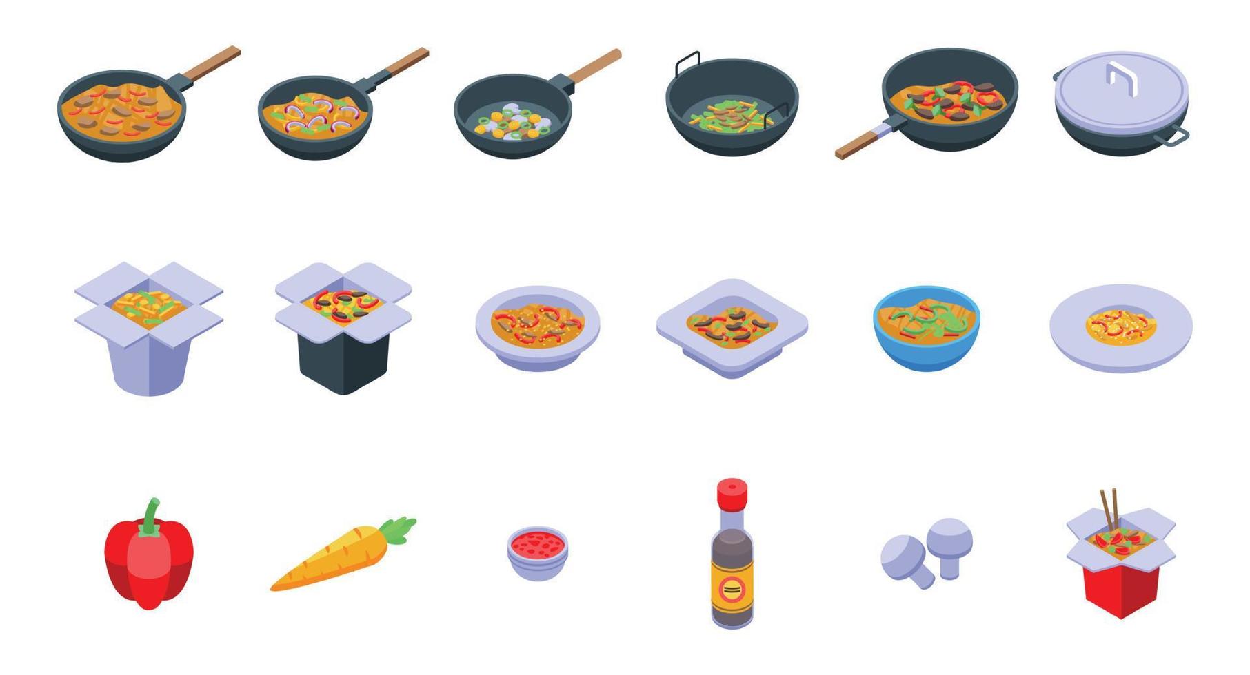 wok menu iconen set, isometrische stijl vector