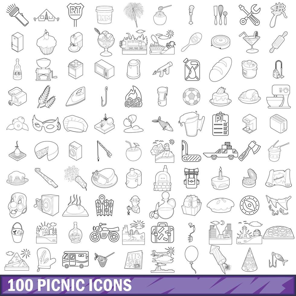 100 picknick iconen set, Kaderstijl vector