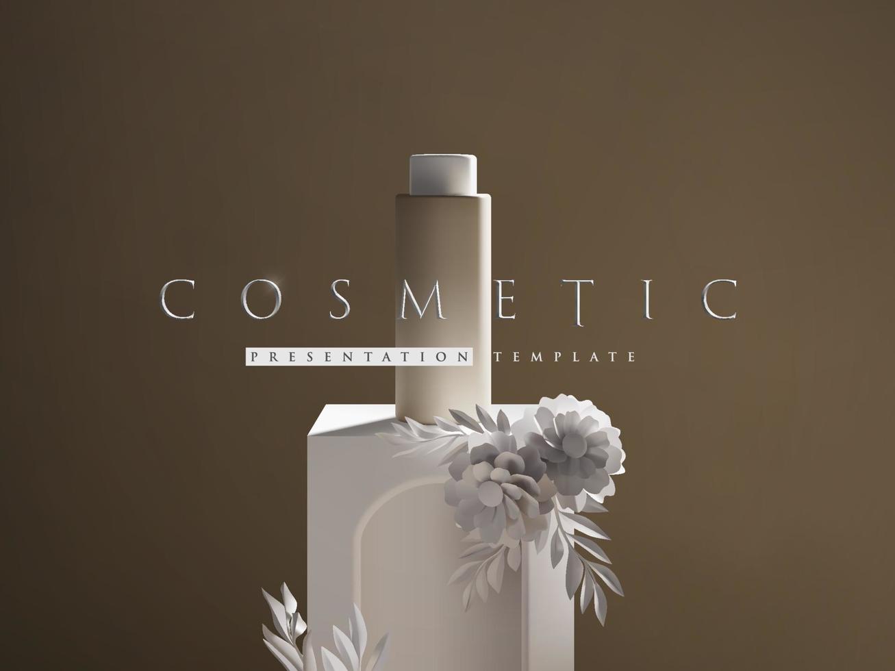 luxe cosmetische fles branding showcase-sjabloon met podium en decoratief bloemboeket. elegante vintage renaissance-stijl productpresentatie mockup. 3D-realistische scène illustratie vector