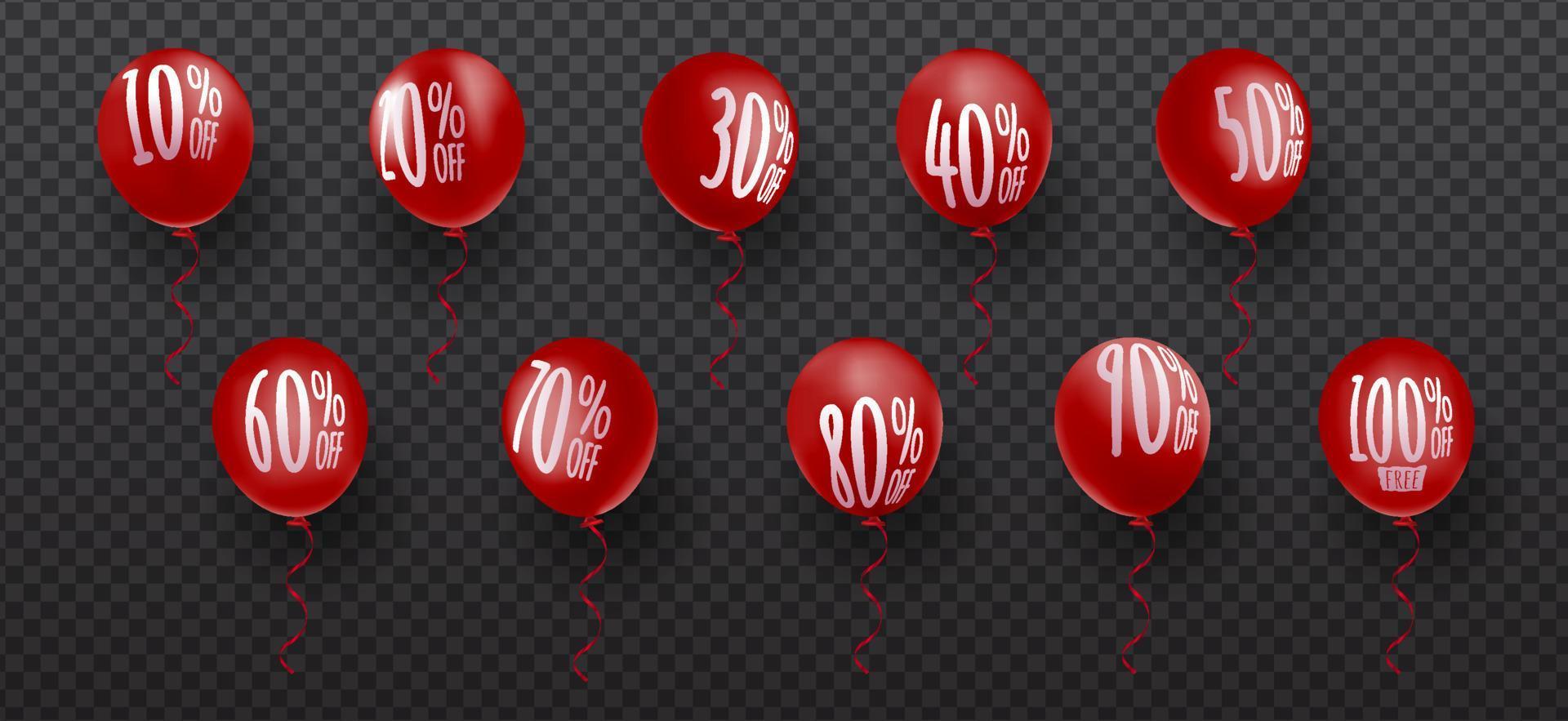 set korting procent hekje op een 3D-realistische rode ballon, verkoop promo prijs gesneden label geïsoleerde eps10 vector sjabloon
