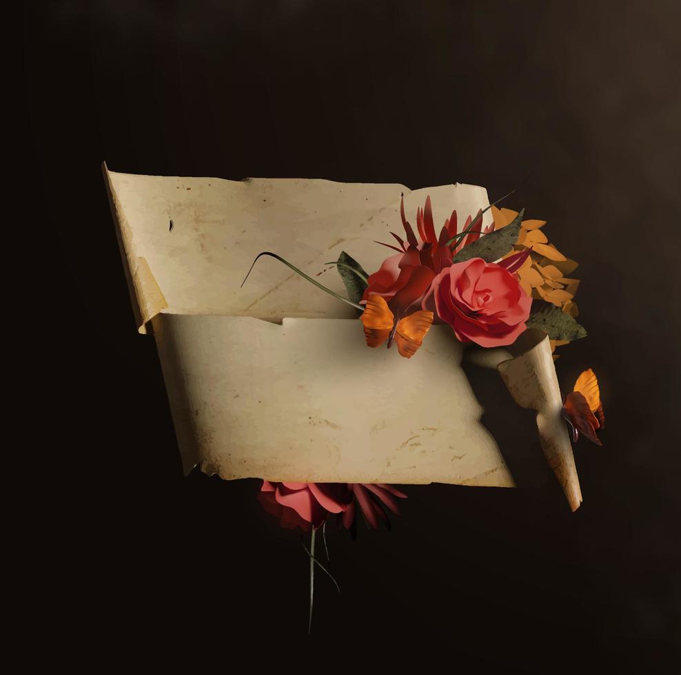 realistische perkamentrolsjabloon voor bruiloft, belettering, tekst of brief met prachtige kleurrijke bloemen en vlinders vectorillustratie vector