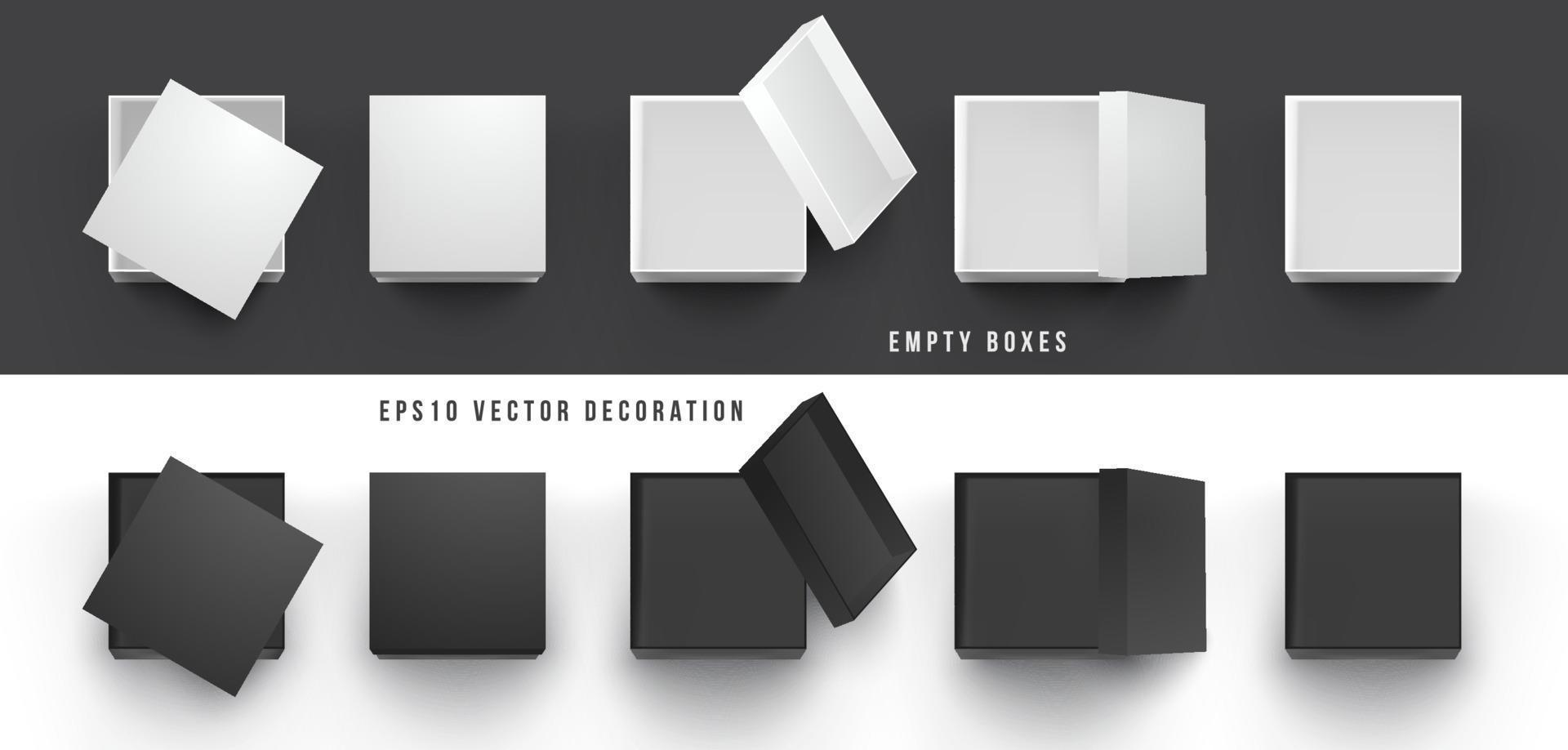 set van 3D-realistische zwart-witte lege doos bovenaanzicht vectorelementen, mockup-sjabloon voor productverpakkingen vector