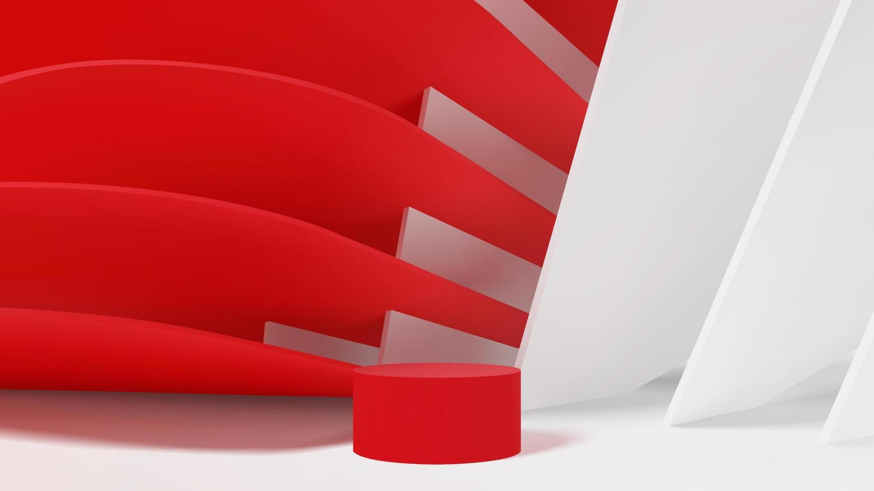 moderne abstracte geometriescène met podium voor mockup-sjabloon voor productpresentatie. rode en witte minimalistische architectuur vorm render achtergrond vector