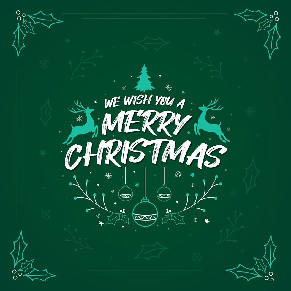 we wensen je een vrolijk kerstfeest, een vrolijk kerstwenskaartontwerp met sneeuwvlokken, hulstbladeren, sterren, herten en andere decoratieve kerstelementen. vector