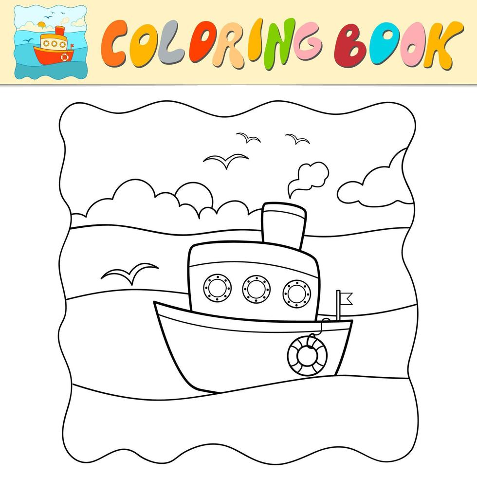 kleurboek of kleurplaat voor kinderen. schip zwart-wit vector. natuur achtergrond vector