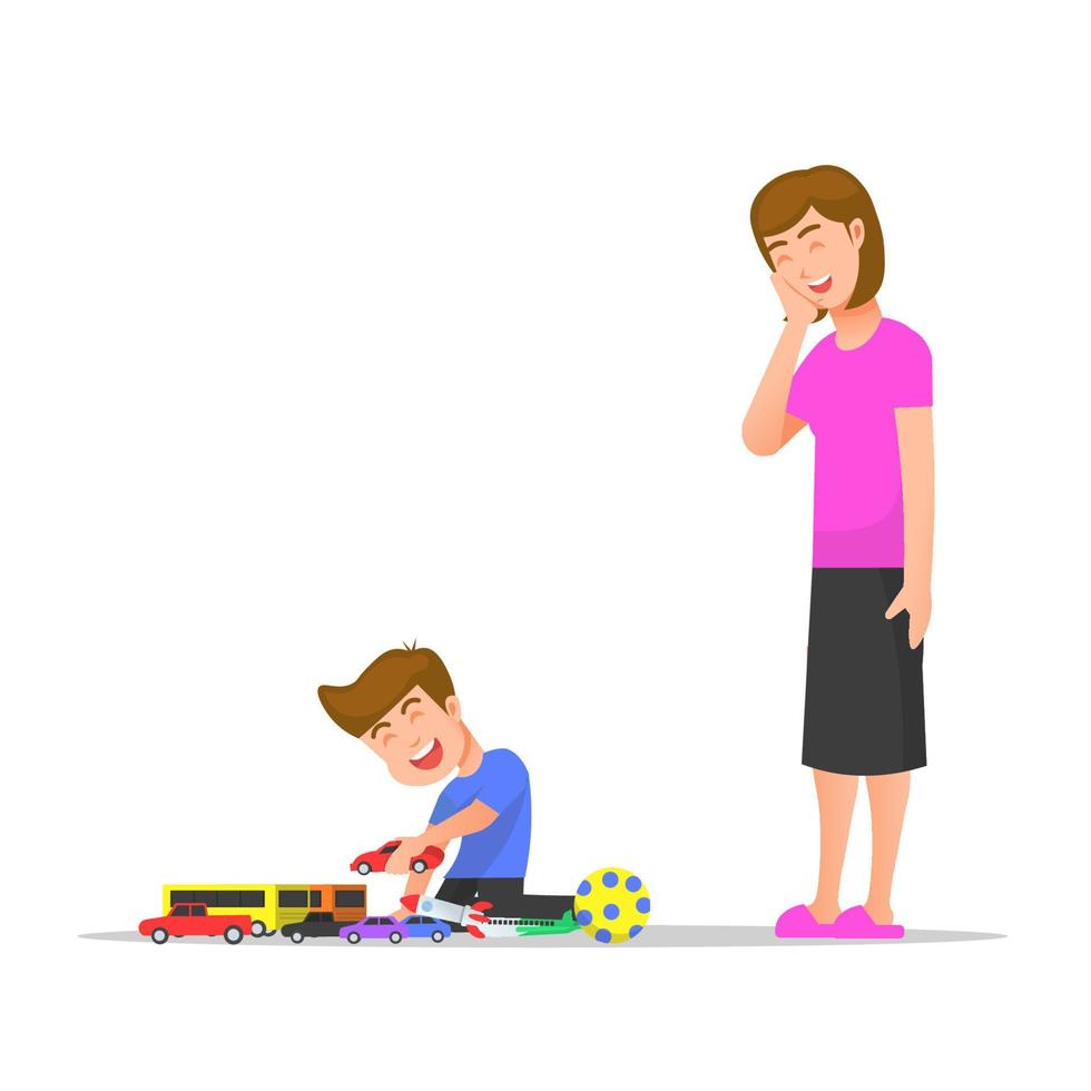 gelukkige moeder ziet haar zoon spelen met speelgoed vector