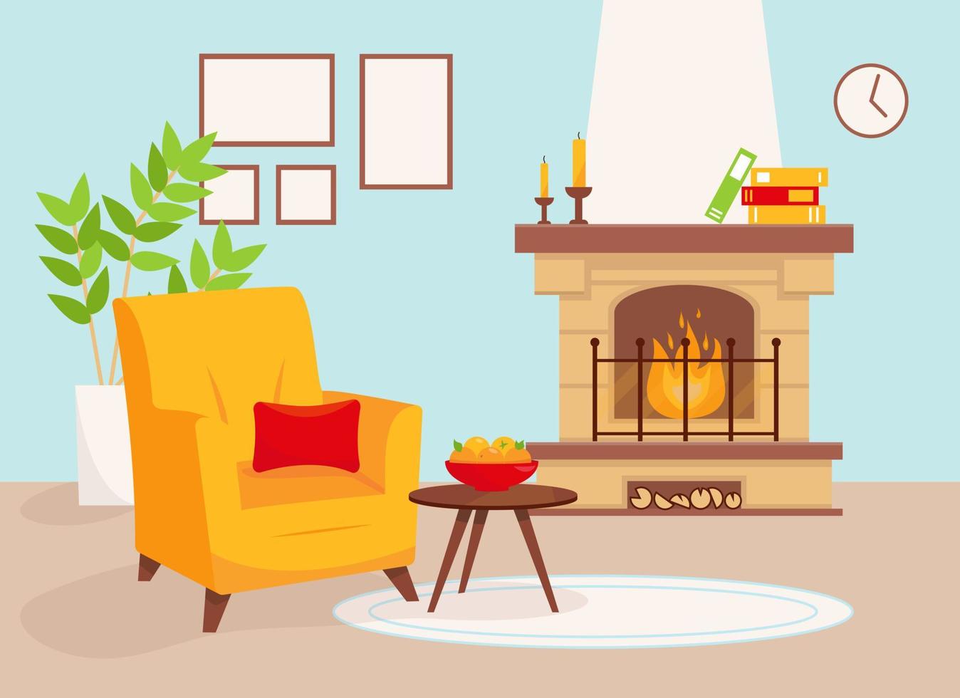 woonkamer met open haard en gele fauteuil. gezellige interieur vectorillustratie. vector