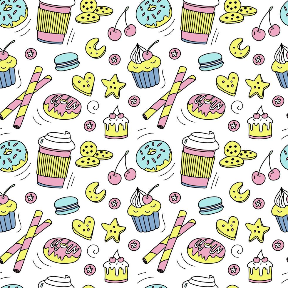 naadloze patroon met cartoon doodle desserts. vectorachtergrond. vector