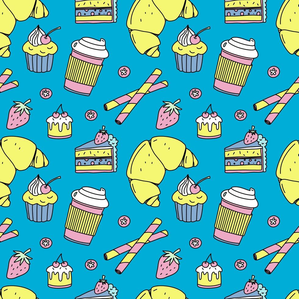 desserts herhalend patroon. vector kleur gevuld doodle achtergrond.