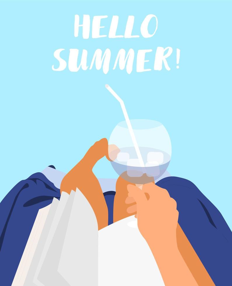 meisje liggend op een ligstoel met glas water met ijs. zomer gevoel. concept vectorillustratie vector