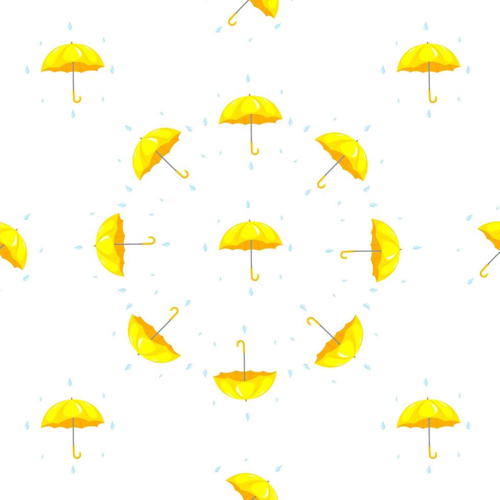 naadloze patroon met cartoon gele paraplu's en regendruppels voor stof. vector