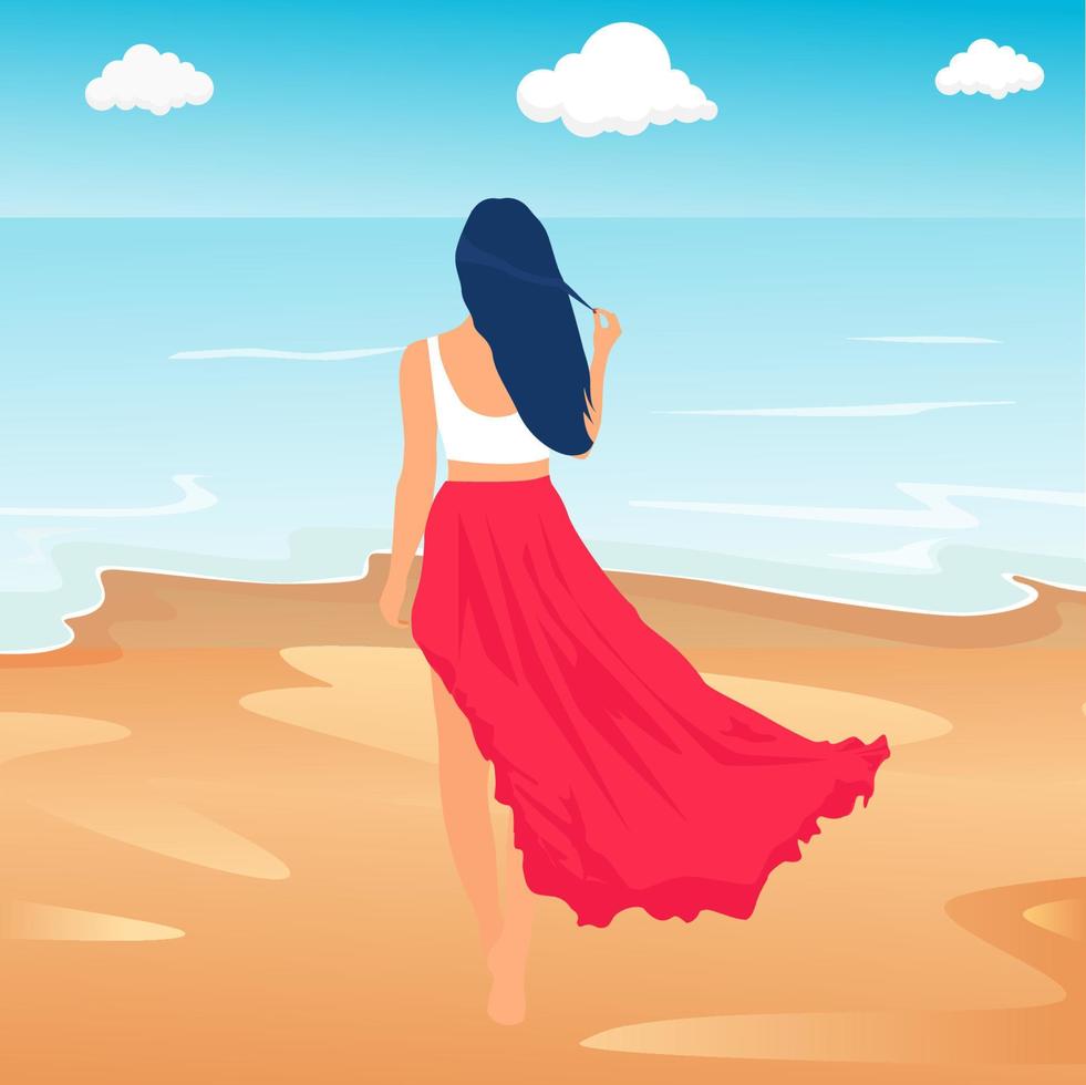 aardig meisje op rode rok met witte tshirt staande op het strand in de buurt van zee. oceaan. vector