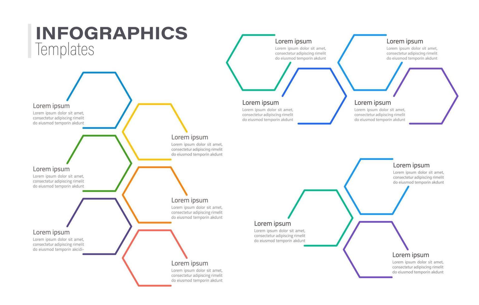 veelkleurige honingraatvormige infographic grafiek ontwerpsjabloon set. abstracte infochart kit met kopie ruimte. instructiegrafieken met verbonden stappen, opties. visuele gegevenspresentatie vector