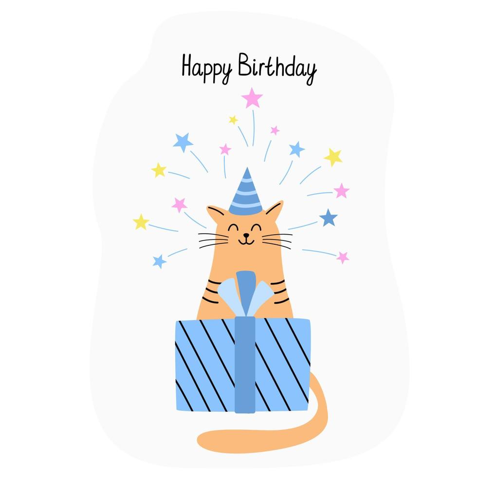 wenskaart met een schattige kat en verjaardagscadeau of geschenkdoos. hand getekende platte vectorillustratie en gelukkige verjaardag belettering. grappig huisdier. vector