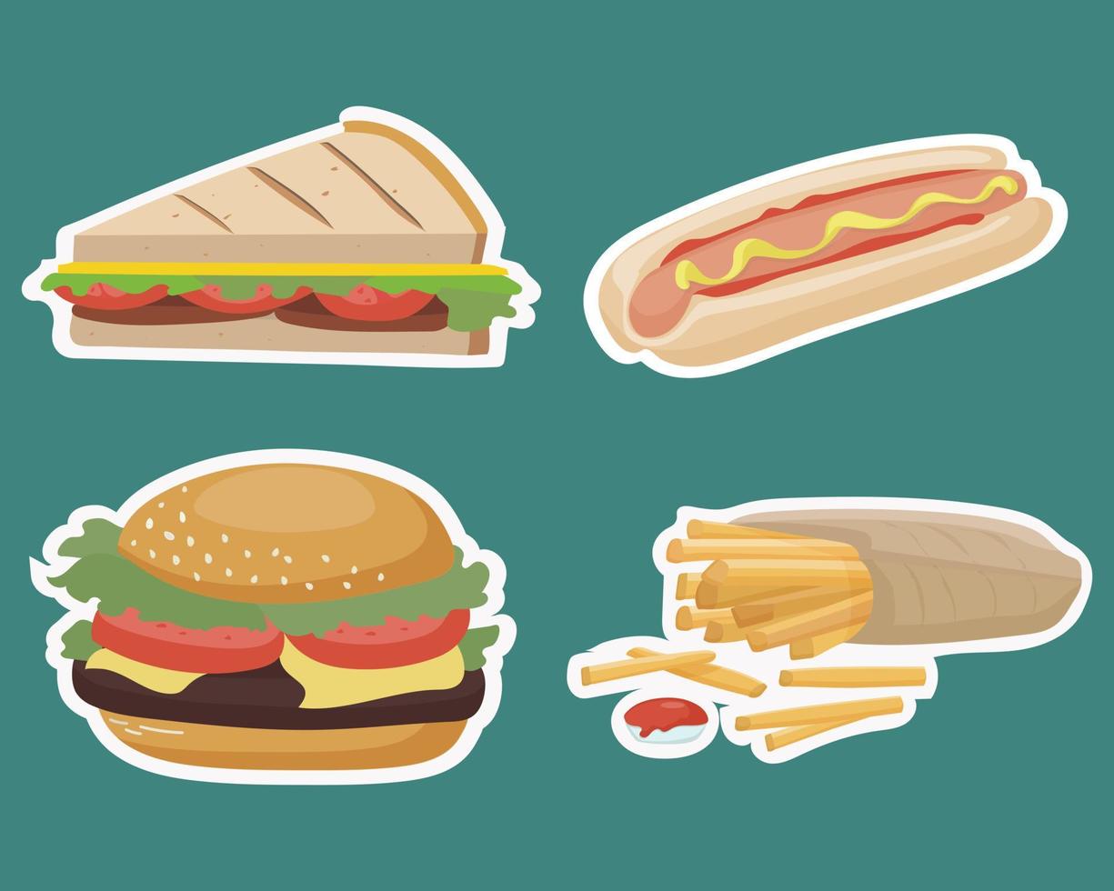 vector fastfood meeneemstickers. set hamburger, hotdog, sandwich, friet.