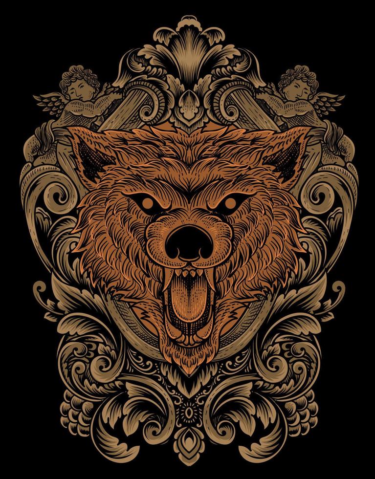 illustratie wolf hoofd met antieke gravure ornament vector