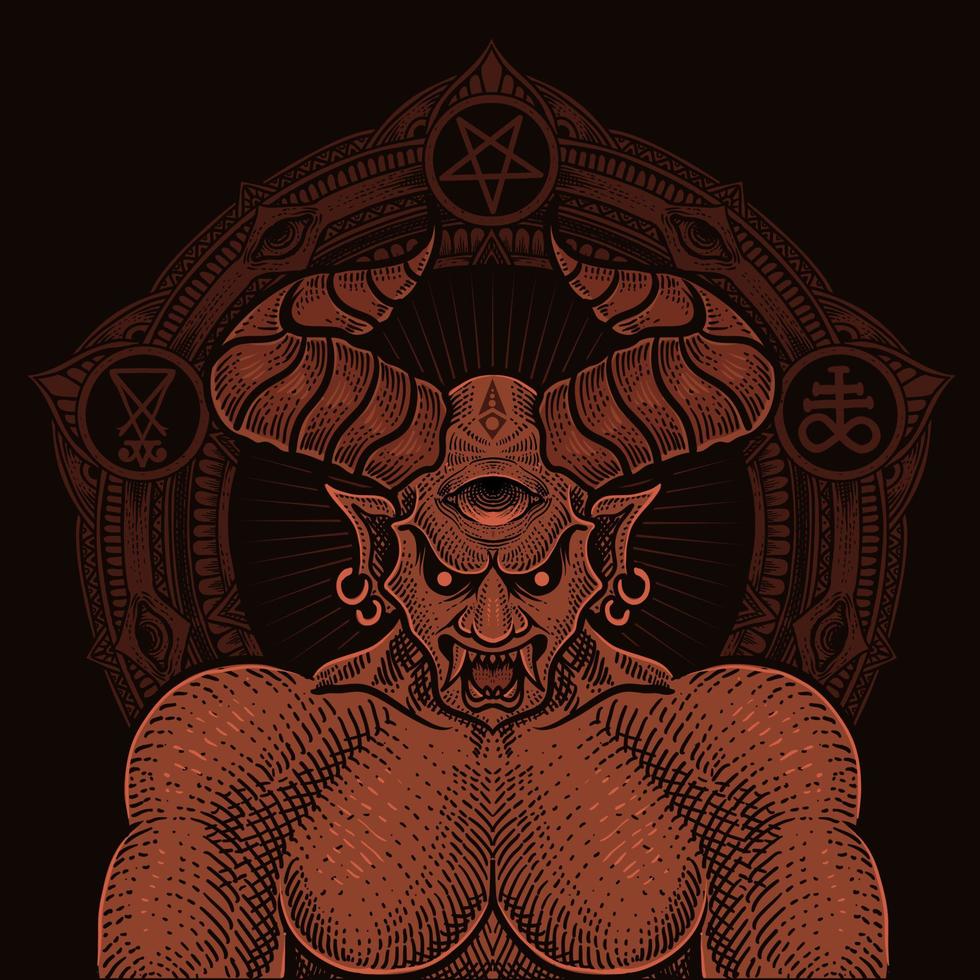 illustratie badass demon met cirkel mandala vector