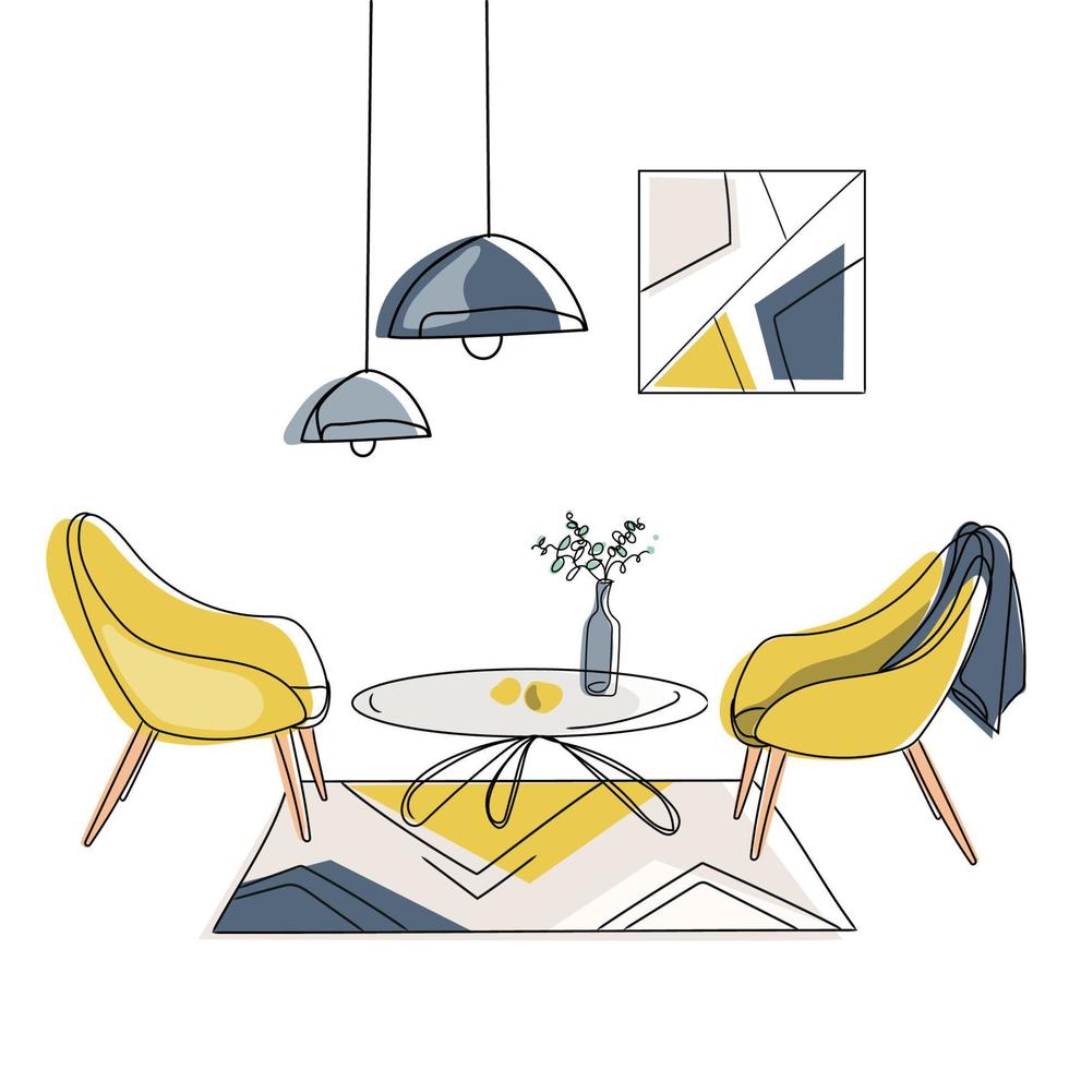 modern interieur voor conceptontwerp in moderne minimalistische stijl tekening, vectorillustratie geïsoleerd op white.two fauteuils met tijdschrift tafellampen en picture.colorful sukch met modern meubilair vector