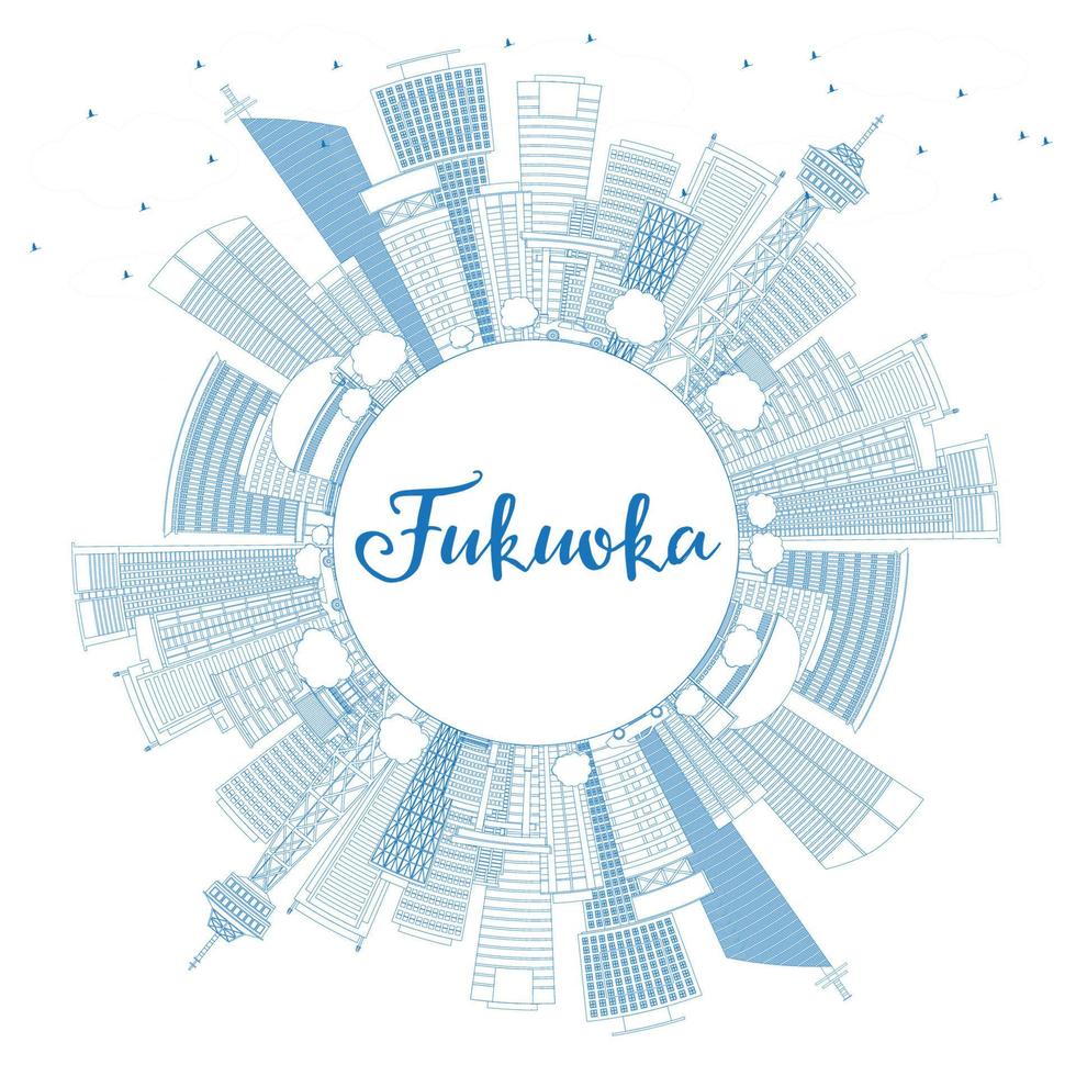 schets de skyline van fukuoka met blauwe oriëntatiepunten en kopieer ruimte. vector