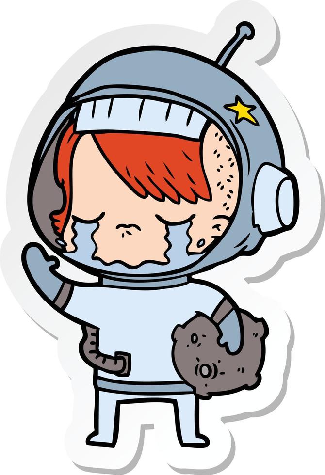 sticker van een cartoon huilend astronautenmeisje met rotsmonster vector