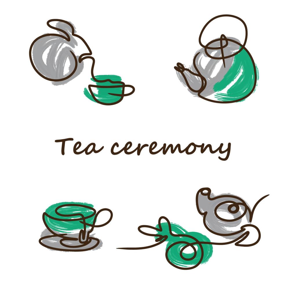 theeceremonie set, groene thee, theepot en kopje thee vector