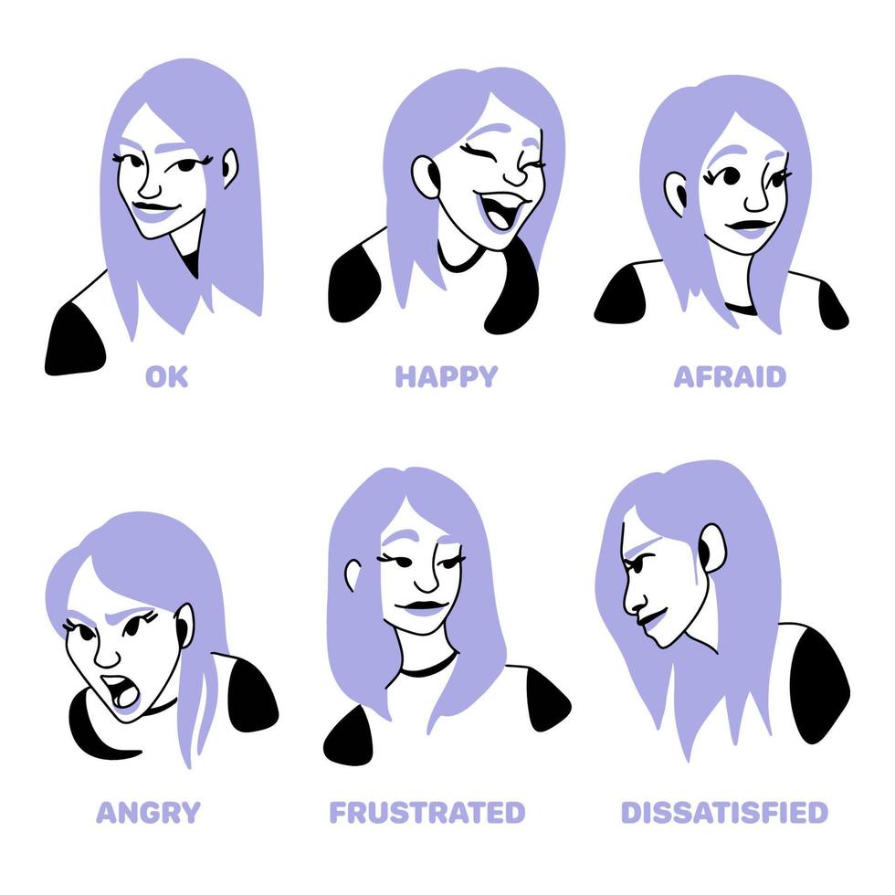 set van een meisje dat emoties toont, cartoon tekenen vector