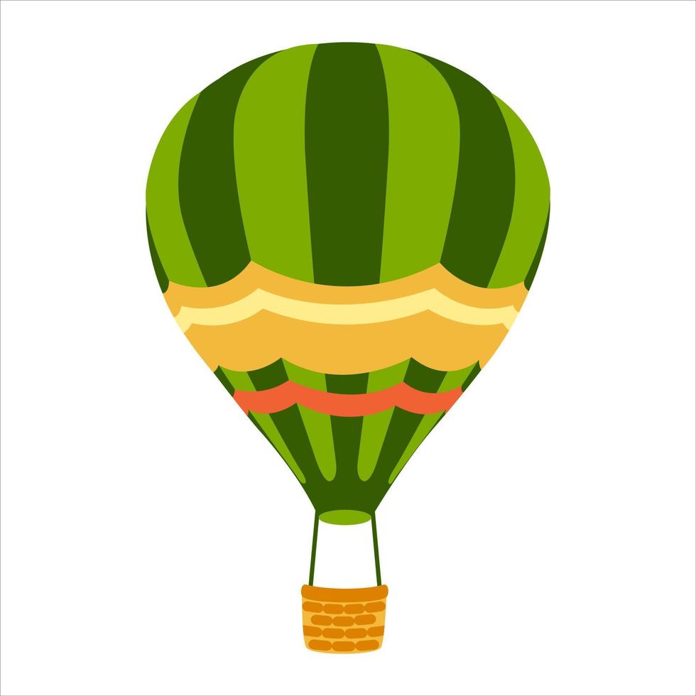 groen gestreepte luchtballon met mand. hete luchtballon geïsoleerd op een witte achtergrond. plat cartoonontwerp. vector. vector