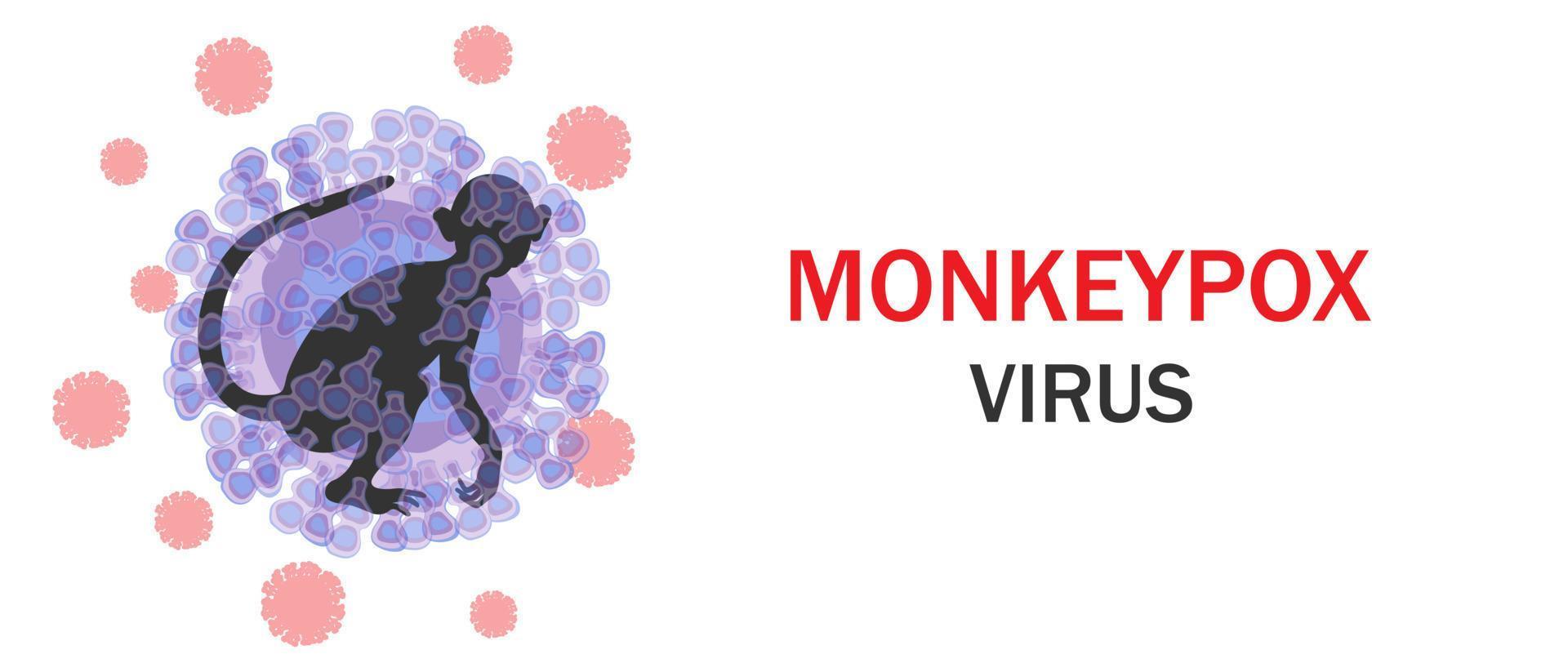 banner van het apenpokkenvirus. microbiologische achtergrond met viruscellen en apencontouren. vectorillustratie. vector