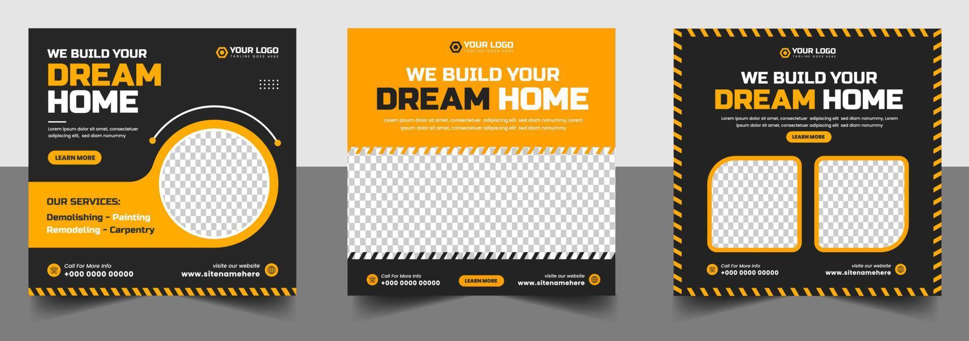 constructie social media post banner ontwerpsjabloon met gele kleur, corporate constructie tools social media post design, home improvement banner template, home reparatie social media post banner. vector