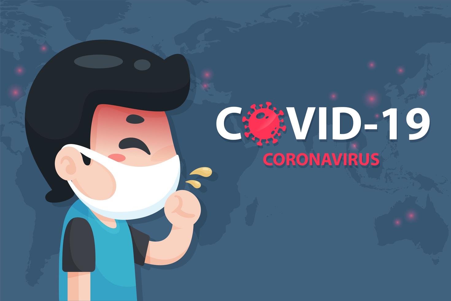 cartoon man met coronavirus symptomen covid poster vector