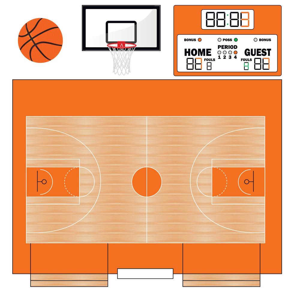 basketbal veld vectorillustratie. infographics voor webpagina's, sportuitzendingen, strategieën achtergronden. bal, basketbalkoffer, scorebord. vector