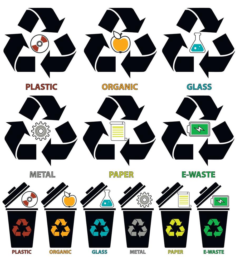 Prullenbak kan pictogrammen met verschillende kleuren soorten afval organisch, plastic, metaal, papier, glas, e-waste in vlakke stijl geïsoleerd op een witte achtergrond. vector