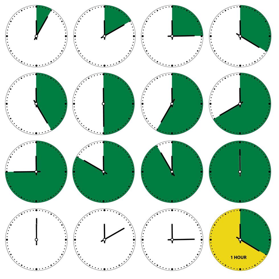 werktijd. uurintervallen die de tijd in intervallen van vijf minuten vertegenwoordigen. tijdvakken om de werkdag te definiëren, de bedrijfstijd van de apparaten of trainingsprogramma's aan te duiden. vector