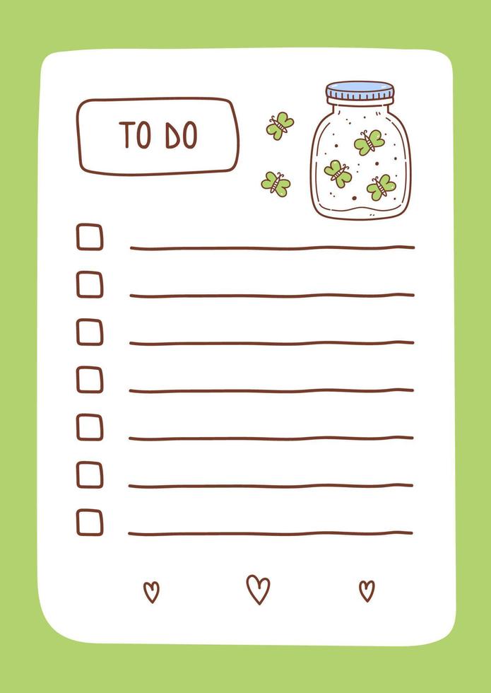 takenlijstsjabloon versierd met een pot met vlinders. schattig ontwerp van schema, dagelijkse planner of checklist. vector handgetekende illustratie. perfect voor planning, notities en zelforganisatie.