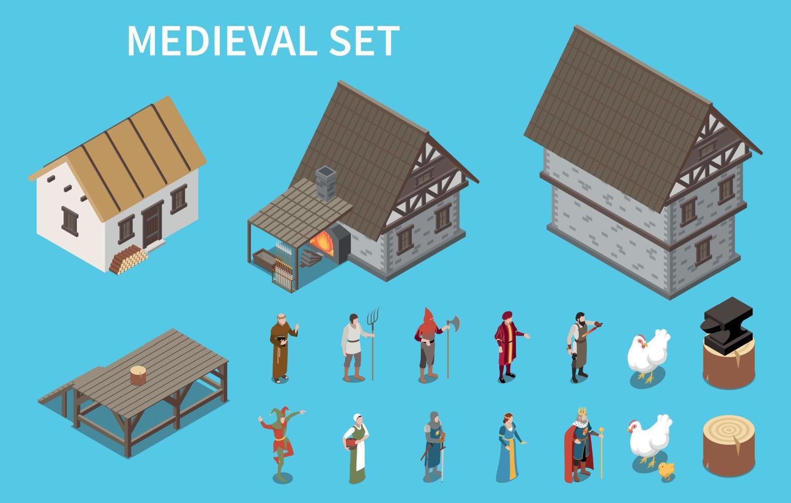 middeleeuwse isometrische set vector