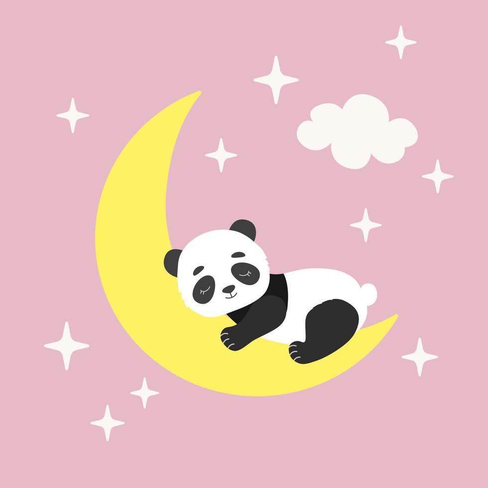 schattige pandabeer slapen op de maan met sterren. kawaii dierlijk karakterontwerp. platte vectorillustratie voor kinderkamer, wenskaarten, poster, uitnodiging vector