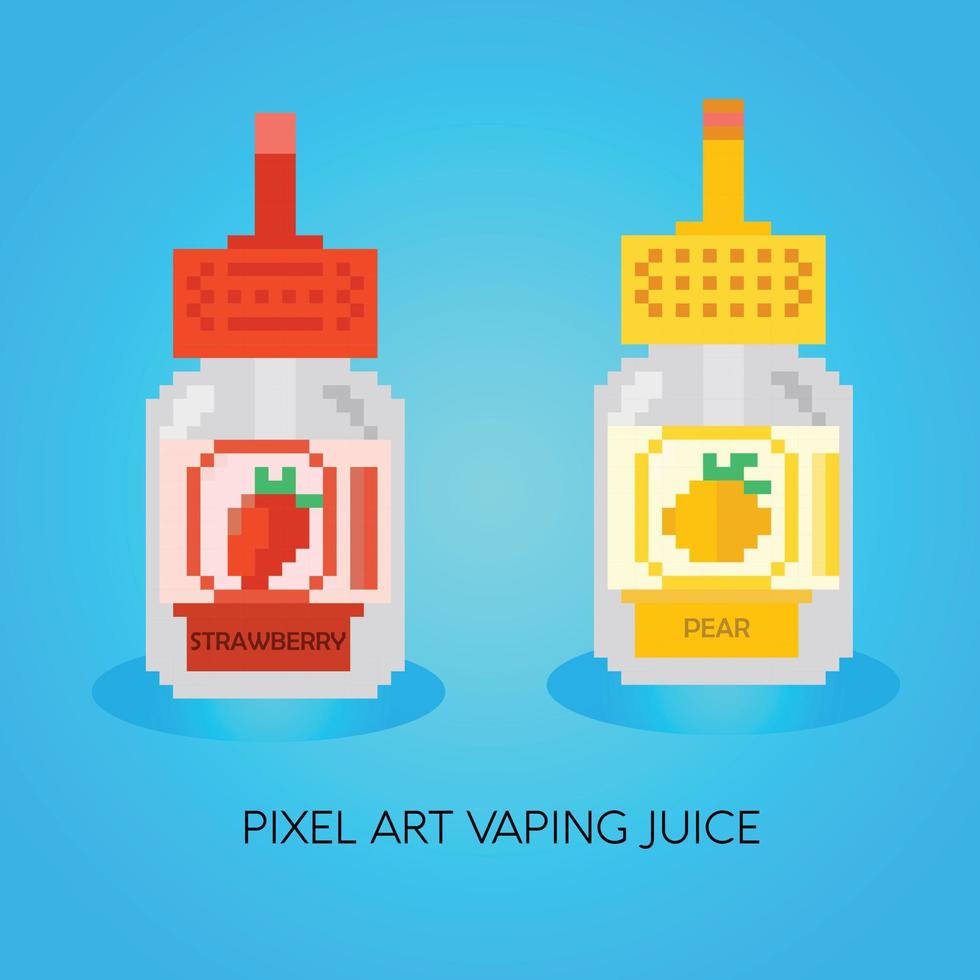 pixel e-liquid smaken. pixelart vapensap of vapensaptekens. set e-vloeistof voor verdamper, pixelfles met fruitsmaak vector