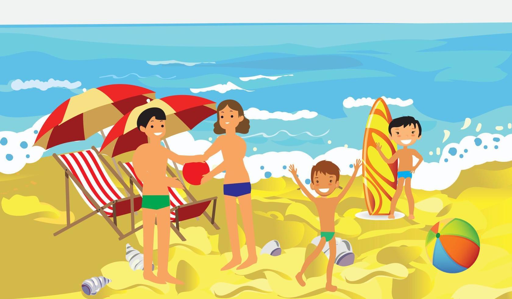 kinderen kinderen zonnebaden zwemmen in de zee op zomer kinderkamp op zee strand kust. kleine jongen speelt met de bal vector