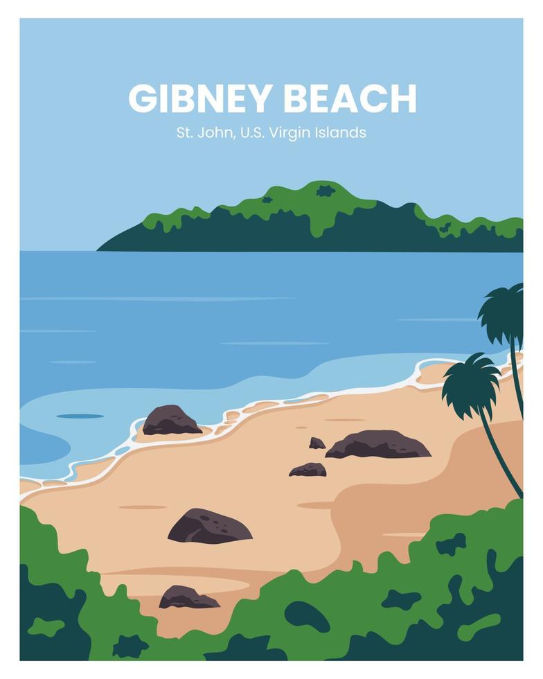 mooi gibney-strand op st john, maagdeneilanden poster. vector illustratie landschap. reizen naar maagdeneilanden.