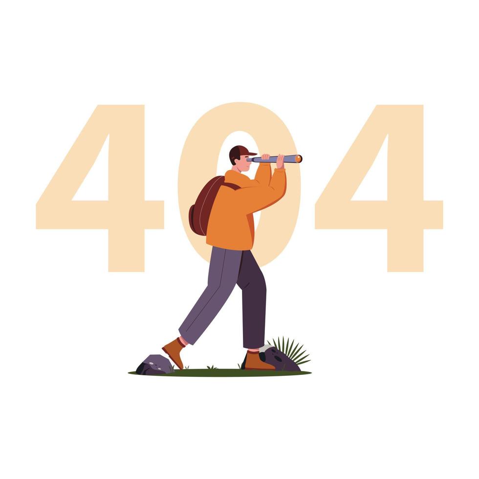 404-foutpagina met ontdekkingsreiziger man vectorillustratie op witte achtergrond. vector