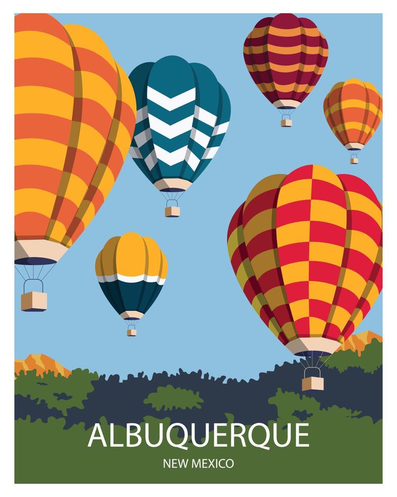 albuquerque new mexico landschapsachtergrond met heteluchtballonfestival. vectorillustratie voor poster, briefkaart, art print, sjabloon. vector