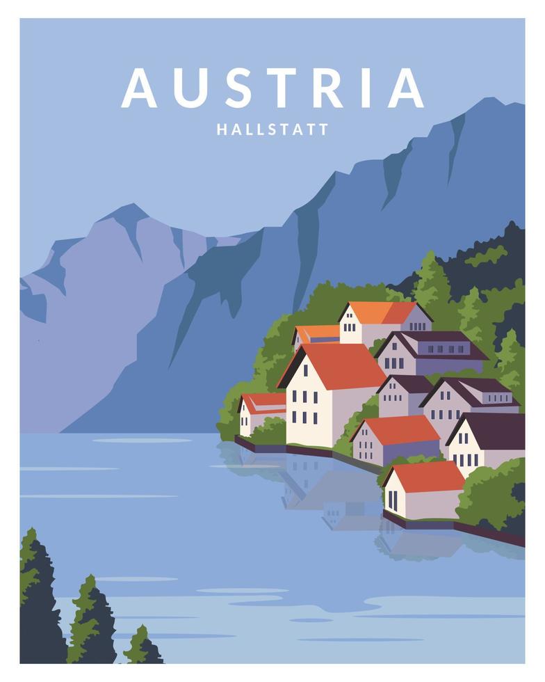 vectorillustratie op Oostenrijk hallstatt bergdorp met meer in de Oostenrijkse Alpen landschap-achtergrond. vector