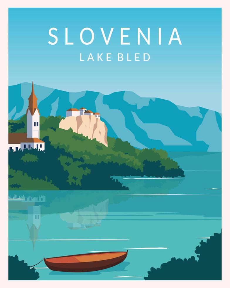 meer bled, slovenië landschap met kasteel en bergen op de achtergrond. reizen naar europa. vector illustratie poster, briefkaart, art print.