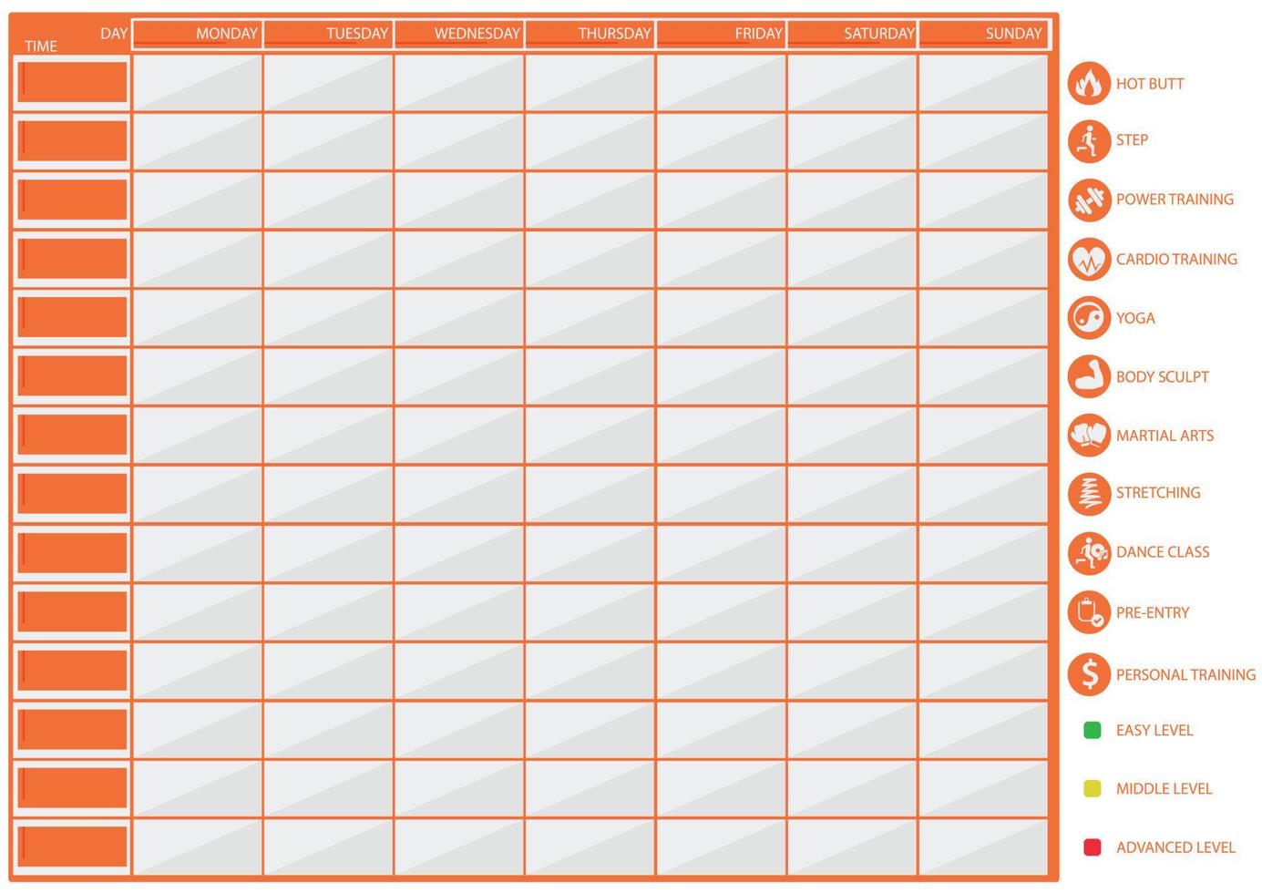 een tabel voor planning in fitness- en sportclubs met pictogrammen voor training en moeilijkheidsgraden. voorbereiding voor het plannen van trainingen voor een week voor personal trainers. set van de sport pictogrammen. vector