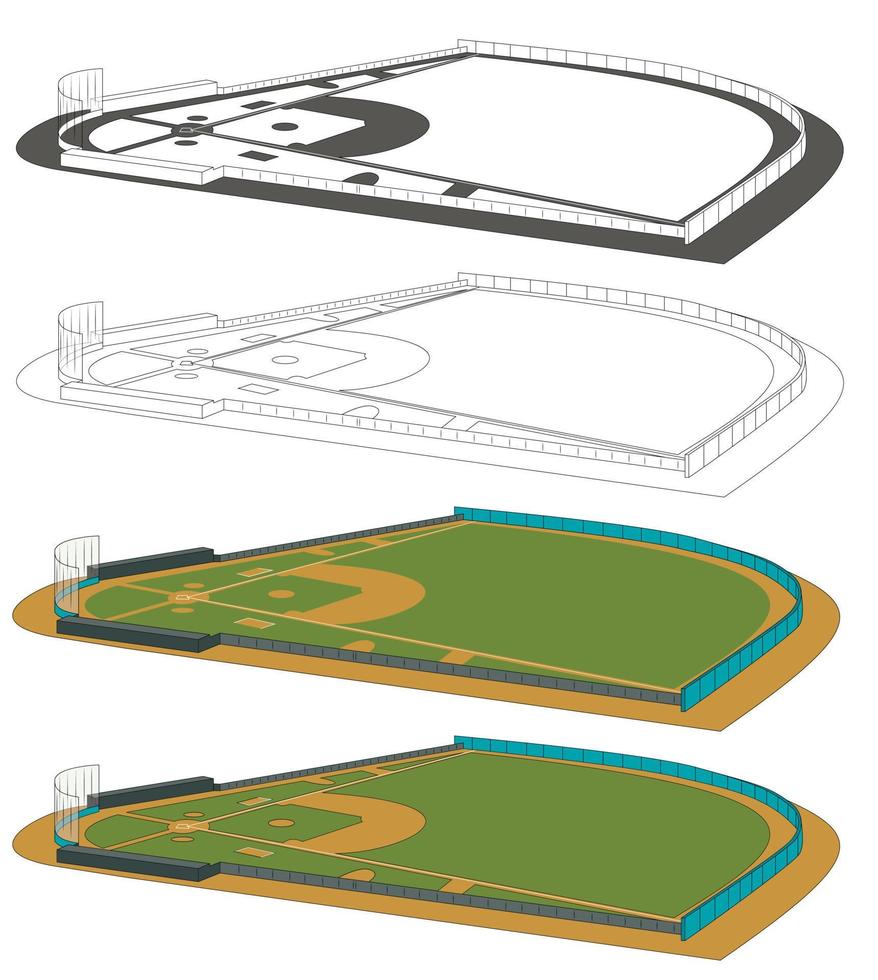 honkbal velden vector illustratie. infographics voor webpagina's, sportuitzendingen, strategieën achtergronden. vier velden met zijaanzicht. kleur, zwart en wit.